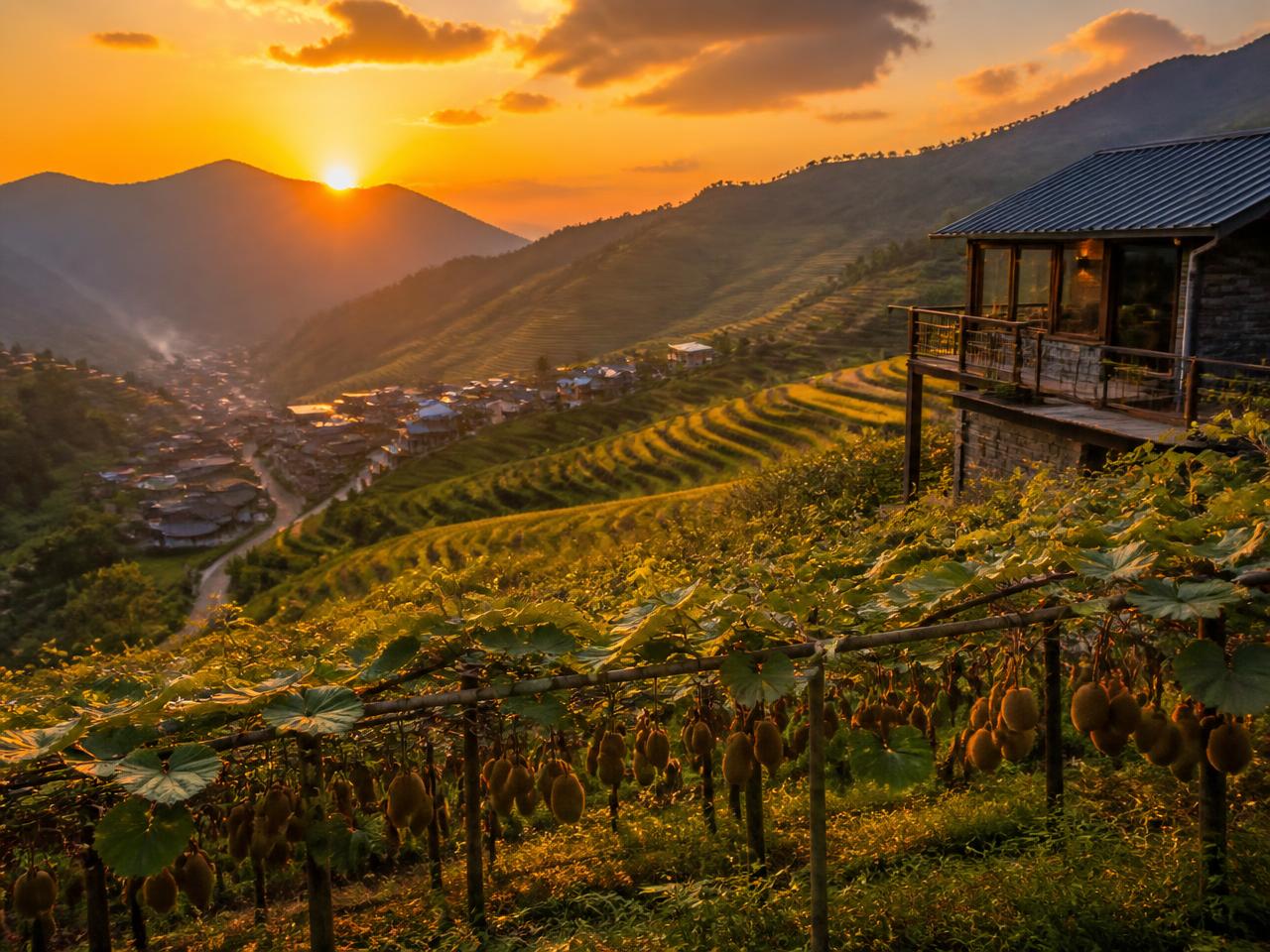 Terraced fields and a kiwi orchard on Naga hills at sunset